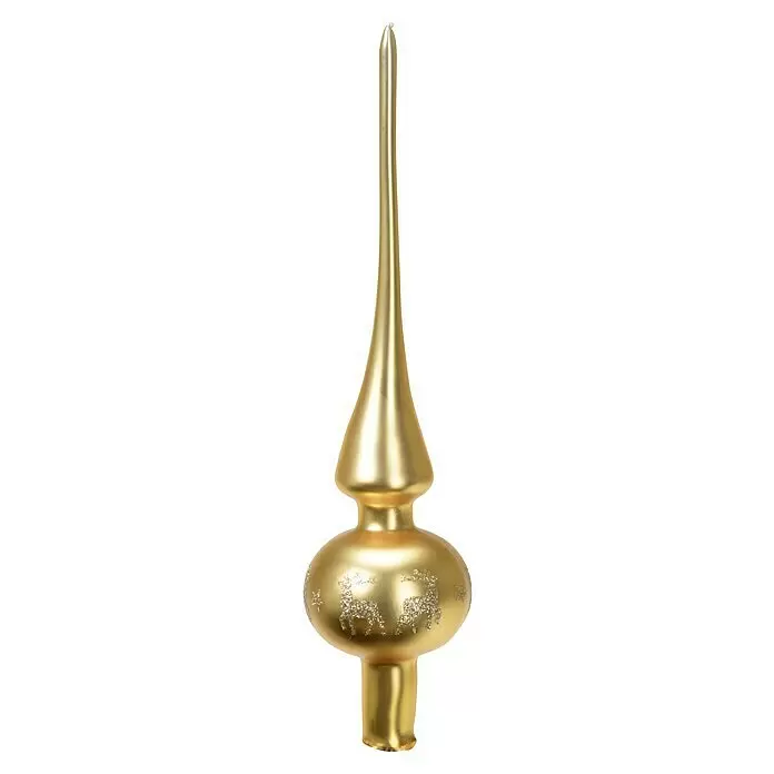 Christbaumspitze - Glas, Gold - Goldene Weihnachtsbaumspitze mit glitzernden Rentier- und Sternverzierungen.