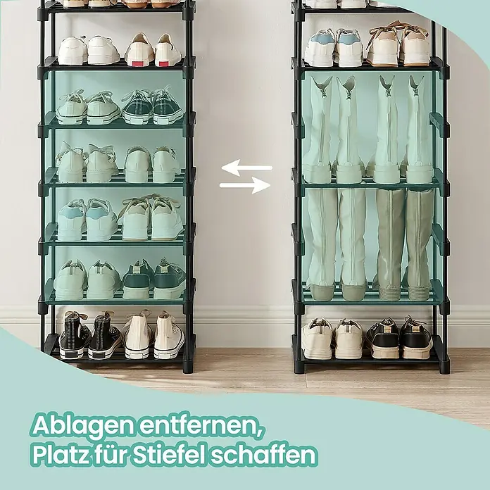 Schuhregal - L x B x H: 30 x 45 x 174 cm, Schwarz - Schuhregal mit und ohne Böden, bietet Platz für Schuhe und Stiefel.