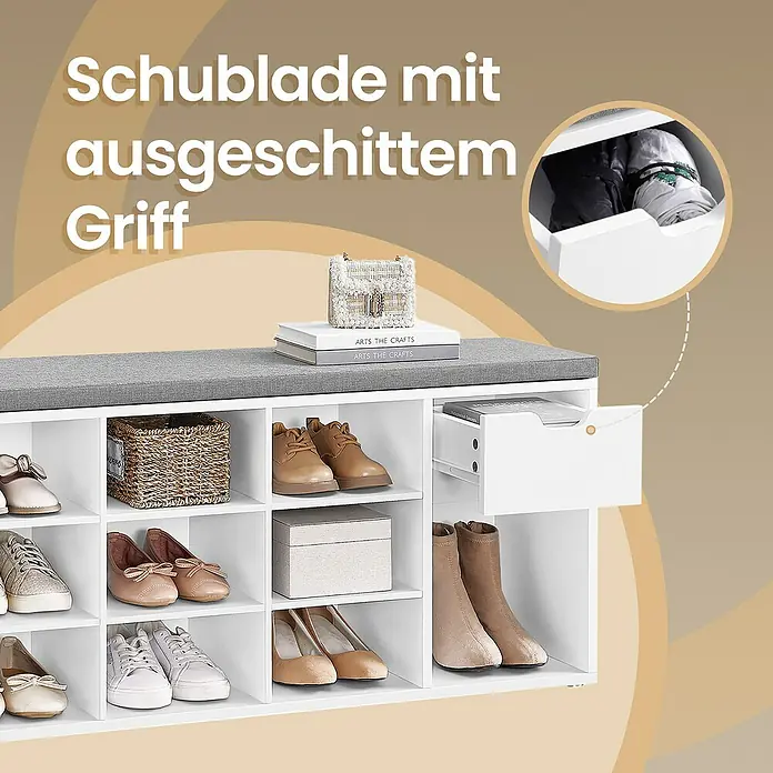 Schuhbank mit Schublade - 30 x 104 x 48 cm, Weiß/Grau - Schuhregal mit Schublade, Ablagefläche mit grauem Polster, Fächern für Schuhe und Dekorationsgegenstände.
