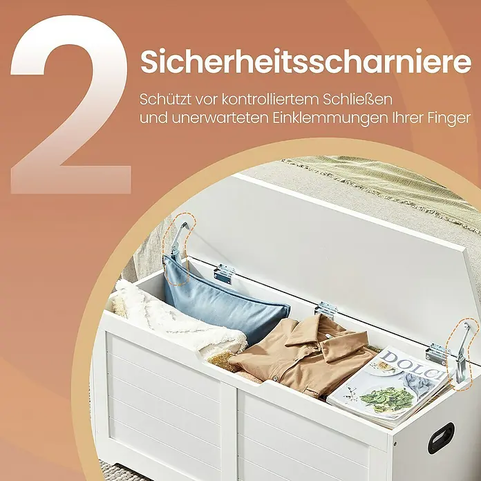Truhe - L x B x H: 40 x 100 x 46 cm, Weiß - Illustration von 2 Sicherheitsklappscharnieren des Truhenwagens, die ein kontrolliertes Schliessen des Truhenwagens ermöglichen.
