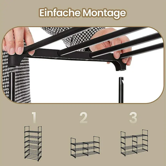Schuhregal - L x B x H: 30 x 45 x 106 cm, Schwarz - Aufbauanleitung für ein Schuhregal in drei Schritten.