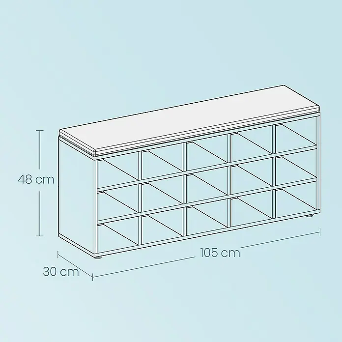 Schuhbank - L x B x H: 30 x 105 x 48 cm, Weiß/Grau - Abbildung einer Schuhbank mit den Maßen 105 cm Länge, 48 cm Höhe und 30 cm Tiefe.