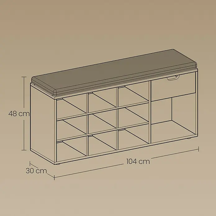 Schuhbank mit Schublade - 30 x 104 x 48 cm, Weiß/Grau - Abbildung einer Schuhbank mit Sitzfläche, Fächern und einer Schublade. Die Maße sind angegeben.