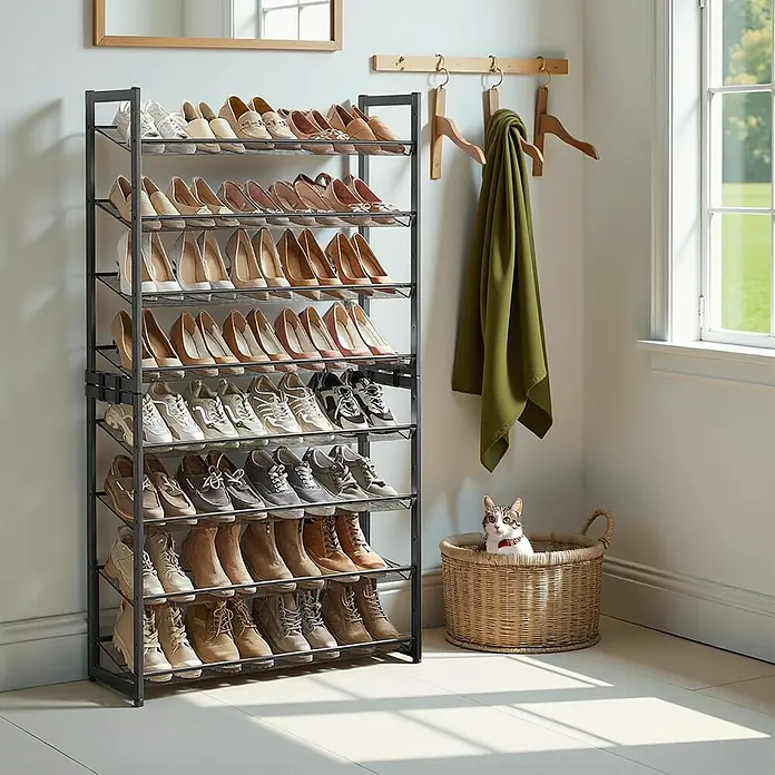 Schuhregal - L x B x H: 30,7 x 92,5 x 163,5 cm, Schwarz, Anzahl Fächer: 8 Stk. - Schuhregal mit vielen Schuhen und einer Katze in einem Korb.