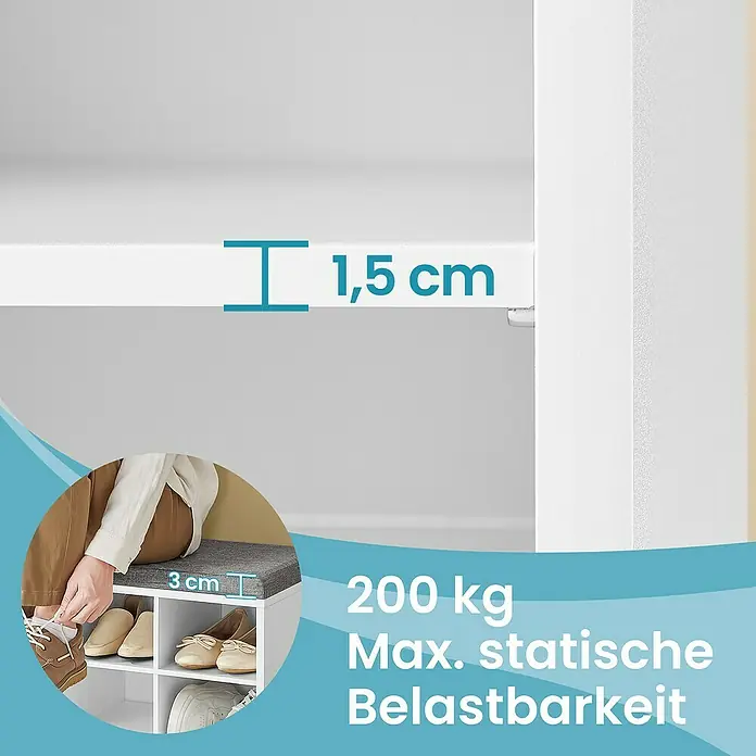 Schuhbank - L x B x H: 30 x 105 x 48 cm, Weiß/Grau - Detailansicht des Schuhregals mit Sitzbank, Maße und Belastbarkeit hervorgehoben.