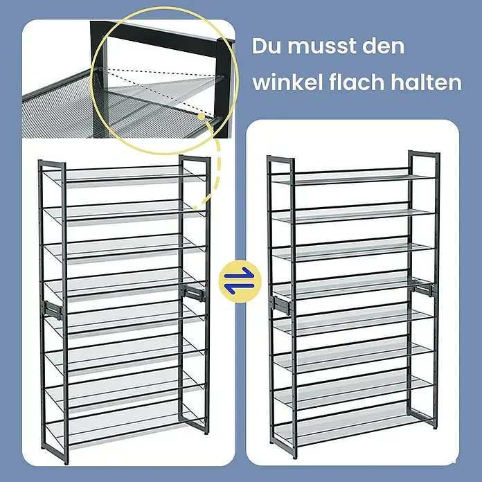 Schuhregal - L x B x H: 30,7 x 92,5 x 163,5 cm, Grau, Anzahl Fächer: 8 Stk. - Schuhregal aus Metall mit mehreren Ebenen. Achten Sie darauf, den Winkel beim Aufbau flach zu halten, wie in der Anleitung gezeigt.
