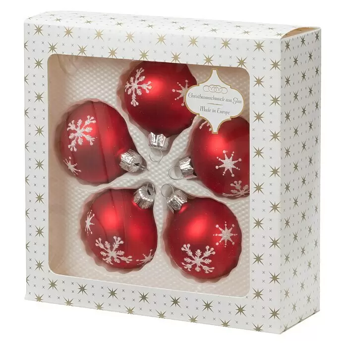 Christbaumkugel - Rot, Glas, 5 Stk. - Set aus fünf roten Glas-Christbaumkugeln mit weißen Schneeflocken-Designs in einer weiß-sternengemusterten Box.
