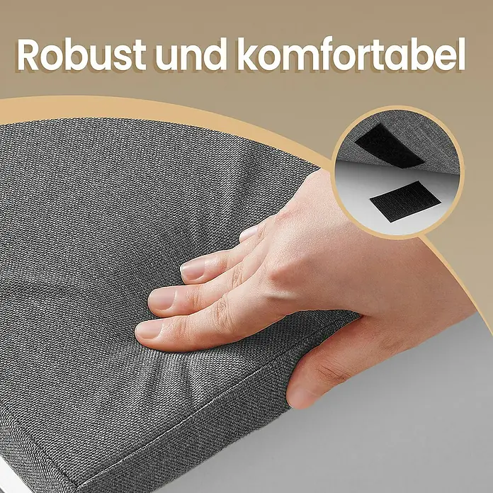 Schuhbank mit Schublade - 30 x 104 x 48 cm, Weiß/Grau - Nahaufnahme eines robusten und komfortablen Sitzkissens mit Klettverschlussdetails.