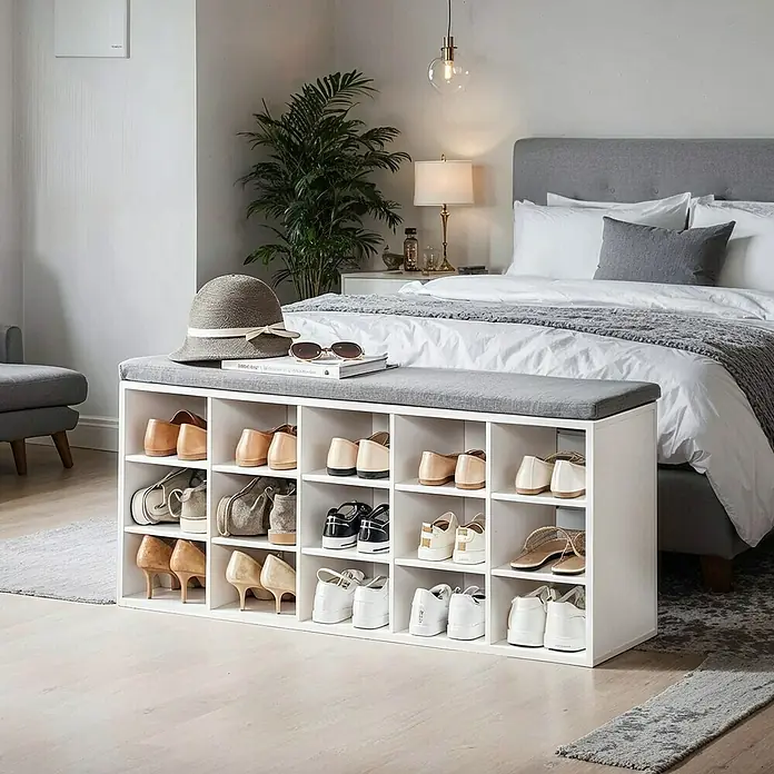 Schuhbank - L x B x H: 30 x 105 x 48 cm, Weiß/Grau - Schuhregal mit Sitzfläche im Schlafzimmer. Praktische Aufbewahrung mit weicher, grauer Sitzauflage und vielen Fächern für Schuhe.