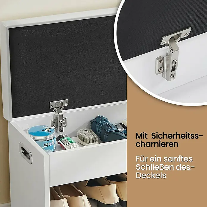 Schuhbank mit Stauraum - L x B x H: 30 mm x 80 cm x 44 cm, Weiß - Detailaufnahme eines Schuhschranks mit Sicherheits-Scharnieren für sanftes Schließen des Deckels. Praktische und sichere Aufbewahrung für Schuhe.