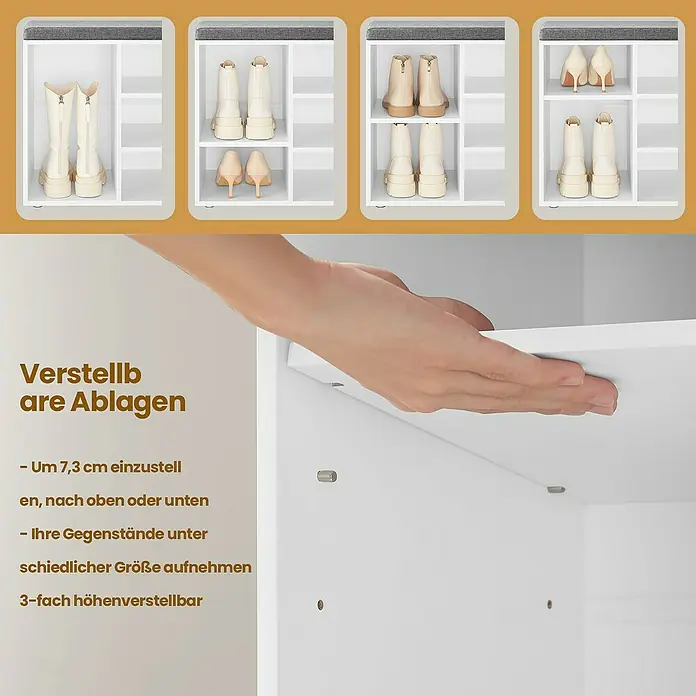 Schuhbank - 30 x 104 x 48 cm, Weiß/Grau - Bild einer Schuhkommode mit verstellbaren Regalböden zur individuellen Anpassung an verschiedene Schuhgrößen.