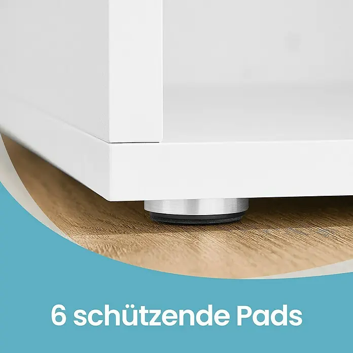 Schuhbank - L x B x H: 30 x 105 x 48 cm, Weiß/Grau - Nahaufnahme der 6 Schutzpads unter einem weißen Möbelstück, die den Boden vor Kratzern schützen.
