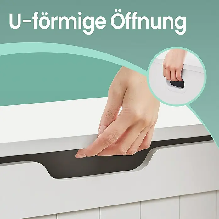 Truhe - L x B x H: 40 x 76 x 48 cm, Weiß - U-förmige Öffnung an einem weißen Möbelstück, das einen einfachen Zugriff ermöglicht und das Design hervorhebt.