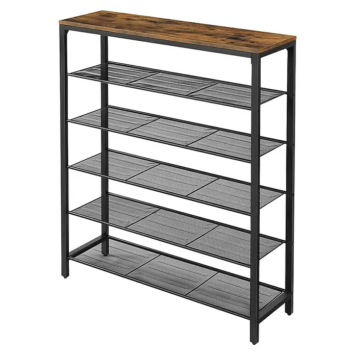 Schuhregal - L x B x H: 30 x 100 x 110 cm, Braun/Schwarz - Modernes Schuhregal mit fünf Ablagen und einer Ablagefläche in Holzoptik. Die Schuhablagen sind aus Metallgitter gefertigt.