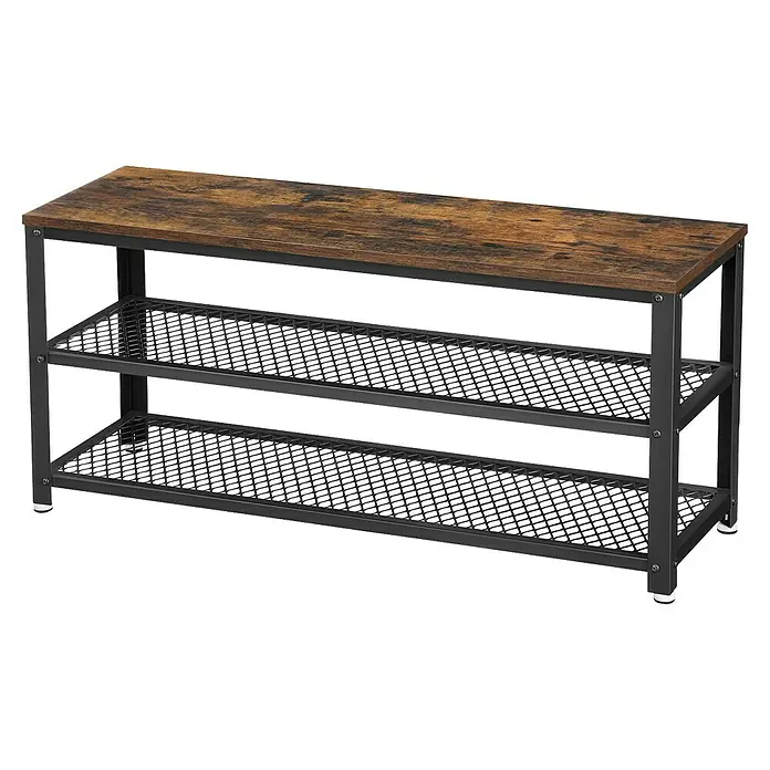 Schuhregal - L x B x H: 30 x 100 x 45 cm, Braun/Schwarz - Schuhregal mit zwei Ablagen aus Metall und einer Holzplatte oben. Praktische und stilvolle Aufbewahrung für Schuhe.