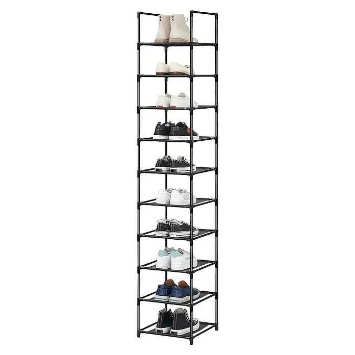 Schuhregal - L x B x H: 33 x 33 x 173 cm, Schwarz - Schuhregal mit zehn Ablagen aus Kunststoff, gefüllt mit verschiedenen Schuhen. Praktische Aufbewahrung für Schuhe.