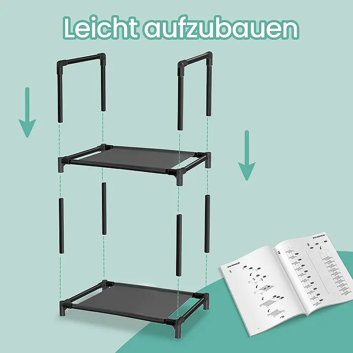 Schuhregal - L x B x H: 33 x 33 x 173 cm, Schwarz - Abbildung eines einfach aufzubauenden schwarzen Regal-Systems mit zwei Ebenen und einer Aufbauanleitung.