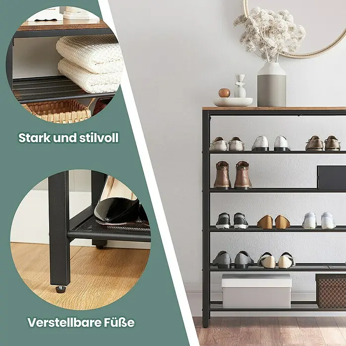 Schuhregal - L x B x H: 30 x 100 x 110 cm, Braun/Schwarz - Attraktives Schuhregal mit Holzoberfläche und verstellbaren Füßen für Stabilität. Ideal für Flur oder Ankleidezimmer.