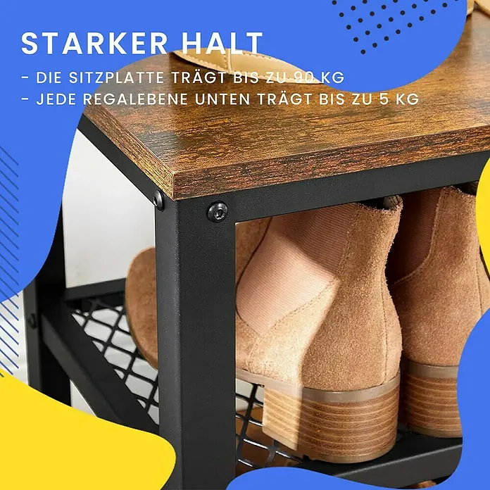 Schuhregal - L x B x H: 30 x 100 x 45 cm, Braun/Schwarz - Nahaufnahme eines Schuhregals mit robustem Holzregal und schwarzen Metallrahmen, ideal für die Aufbewahrung von Schuhen.