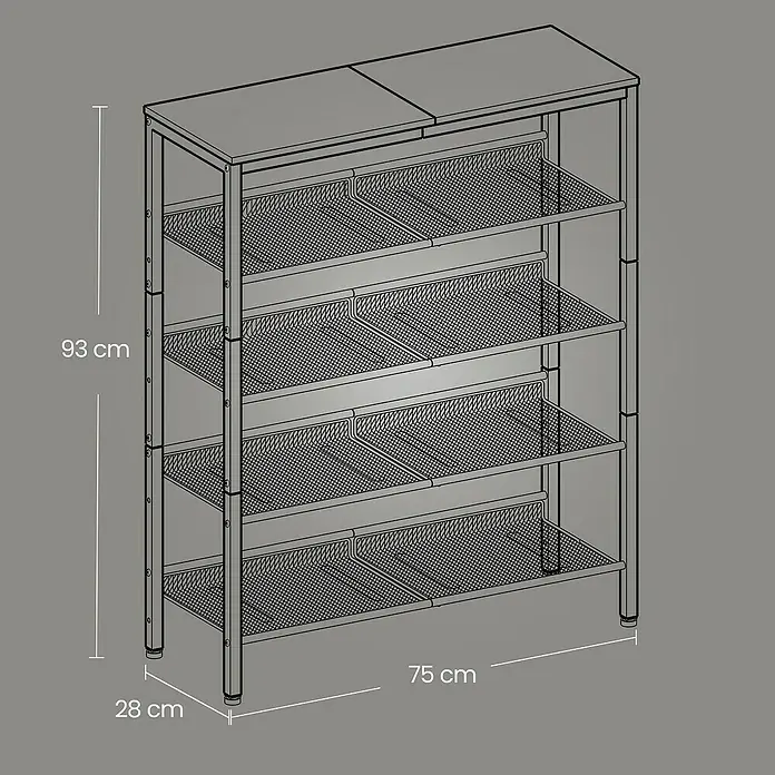 Schuhregal - L x B x H: 75 x 28 x 93 cm, Braun/Schwarz - Produktansicht eines Metallregals mit vier Ablageflächen und einer Arbeitsplatte zur Aufbewahrung und Organisation von Gegenständen.