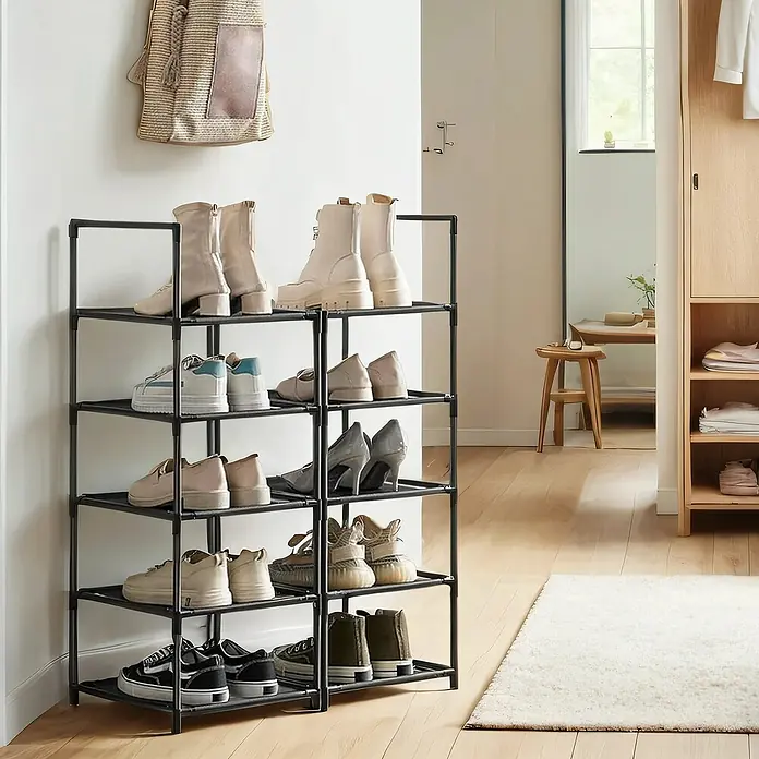 Schuhregal - L x B x H: 33 x 33 x 173 cm, Schwarz - Schuhregal aus Metall mit mehreren Ablagen, gefüllt mit verschiedenen Schuhen im Flur.