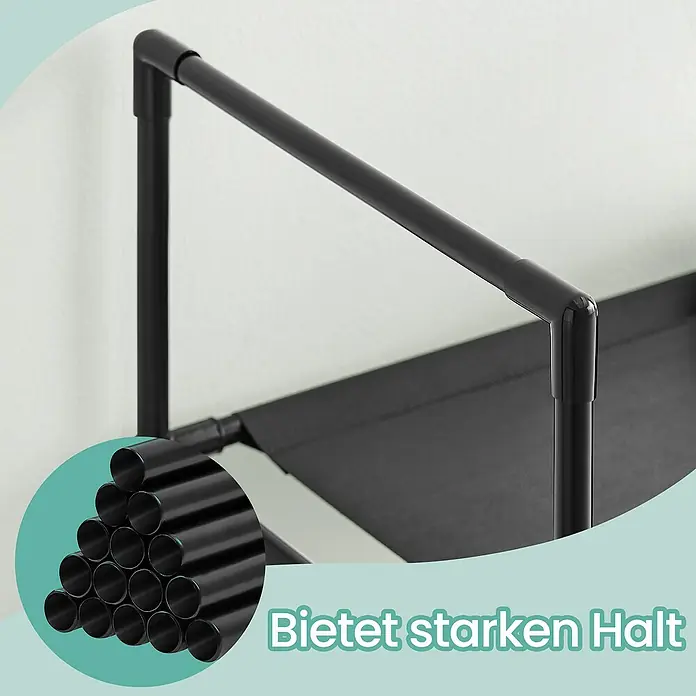 Schuhregal - L x B x H: 33 x 33 x 173 cm, Schwarz - Nahaufnahme eines schwarzen Schuhregals mit robustem, rohrförmigem Rahmen, der starken Halt bietet.