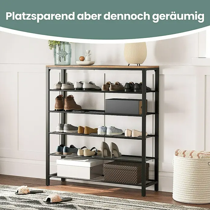Schuhregal - L x B x H: 30 x 100 x 110 cm, Braun/Schwarz - Schuhregal mit mehreren Ebenen und Holzplatte, ideal für platzsparende Aufbewahrung.