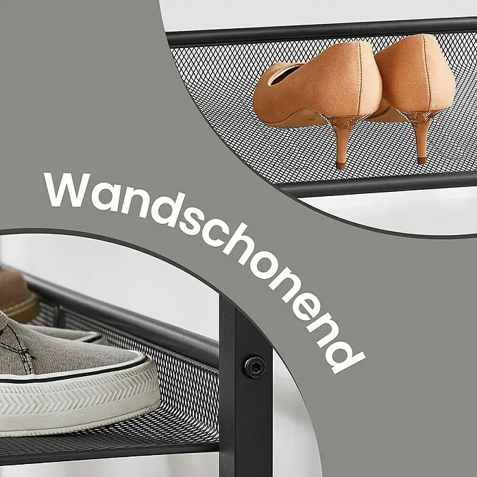 Schuhregal - L x B x H: 75 x 28 x 93 cm, Braun/Schwarz - Detailansicht eines Schuhregals mit Schuhen und dem Schriftzug "Wandschonend" im Bild.