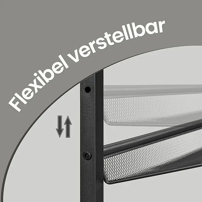 Schuhregal - L x B x H: 75 x 28 x 93 cm, Braun/Schwarz - Nahaufnahme eines verstellbaren Metallregals mit den Worten "Flexibel verstellbar" und Pfeilen, die die Anpassungsfähigkeit hervorheben.