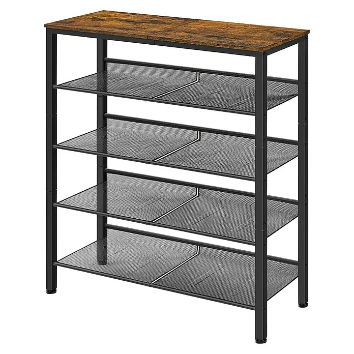 Schuhregal - L x B x H: 75 x 28 x 93 cm, Braun/Schwarz - Schuhregal mit rustikaler Oberfläche und fünf schwarzen Metallablagen zur Aufbewahrung von Schuhen.