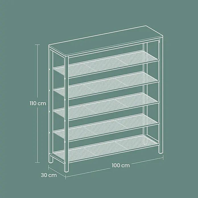 Schuhregal - L x B x H: 30 x 100 x 110 cm, Braun/Schwarz - Abbildung eines Schuhregals mit sechs Ablagen und den Maßen 110 cm Höhe, 100 cm Breite und 30 cm Tiefe.