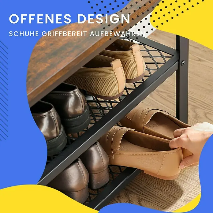 Schuhregal - L x B x H: 30 x 100 x 45 cm, Braun/Schwarz - Offenes Schuhregal-Design. Schuhe sind griffbereit aufbewahrt, leicht zugänglich und geordnet. Praktische Schuhaufbewahrung für den Flur.