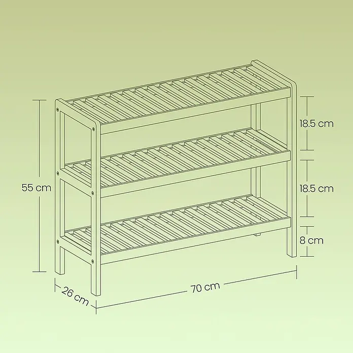 Schuhregal - L x B x H: 26 x 70 x 55,2 cm, Weiß - Abbildung eines Schuhregals mit drei Ablagen und den dazugehörigen Maßangaben.
