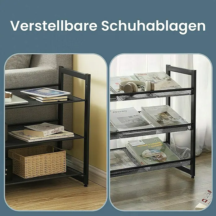 Schuhregal - L x B x H: 30,7 x 74 x 62,8 cm, Schwarz - Verstellbare Schuhablagen: Vielseitige Schuhregale mit verstellbaren Ablagen, ideal für Flur, Wohnzimmer oder Schlafzimmer.