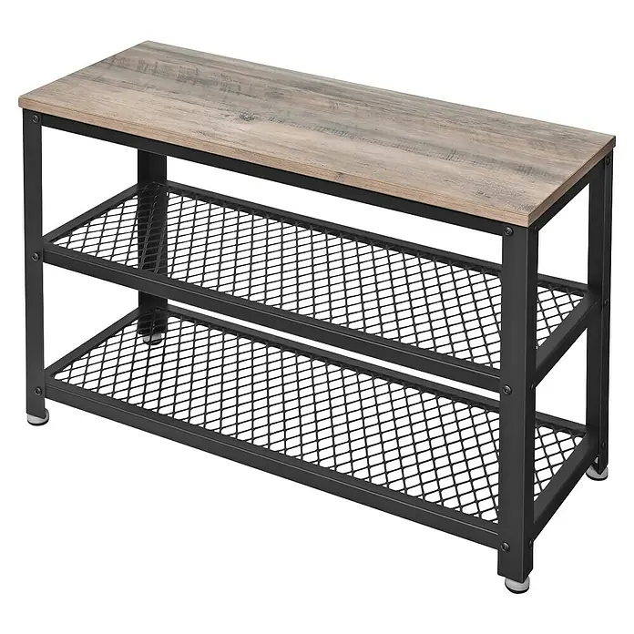 Schuhregal - L x B x H: 30 x 73 x 45 cm, Grau/Schwarz - Eine industrielle Schuhbank mit einem Holzsitz und zwei Ablagen aus schwarzem Metallgitter.