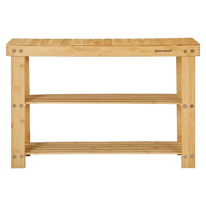Schuhregal - L x B x H: 70,1 x 28,7 x 45,3 cm, Braun - Dieses Bild zeigt ein SONGMICS Schuhregal aus Holz mit zwei Ablagen und einer Sitzfläche. Das Regal ist hellbraun und hat eine klare, moderne Form.