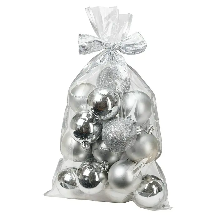 Weihnachtskugeln im Geschenkbeutel - Silber, Kunststoff, Durchmesser: 6 cm, 20 Stk. - Eine durchsichtige Tasche voller silberner Weihnachtskugeln mit einer silbernen Schleife, ideal zur Dekoration des Weihnachtsbaums.