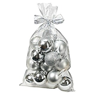 Weihnachtskugeln im Geschenkbeutel (Silber, Kunststoff, Durchmesser: 6 cm, 20 Stk.)