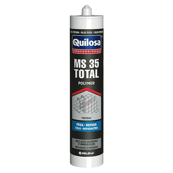 Quilosa Adhesivo y sellador MS 35 TOTAL - Azul piscina, 300 ml - Imagen del producto de un cartucho Quilosa MS 35 Total Polymer para piscinas, ideal para pegar y reparar, incluso bajo el agua.