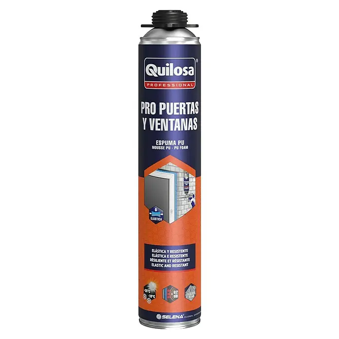 Quilosa Sellador Sanitario Protect Antimoho - Transparente, 280 ml - Imagen de una lata de espuma de PU Quilosa Pro para puertas y ventanas, que es elástica y resistente, proporcionando un buen aislamiento.