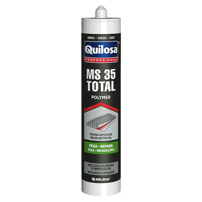 Quilosa Adhesivo y sellador MS 35 TOTAL - Verde, 300 ml - Tubo de adhesivo de polímero Quilosa MS 35 Total. Ideal para césped artificial, fuerte e impermeable, para reparaciones e instalaciones.