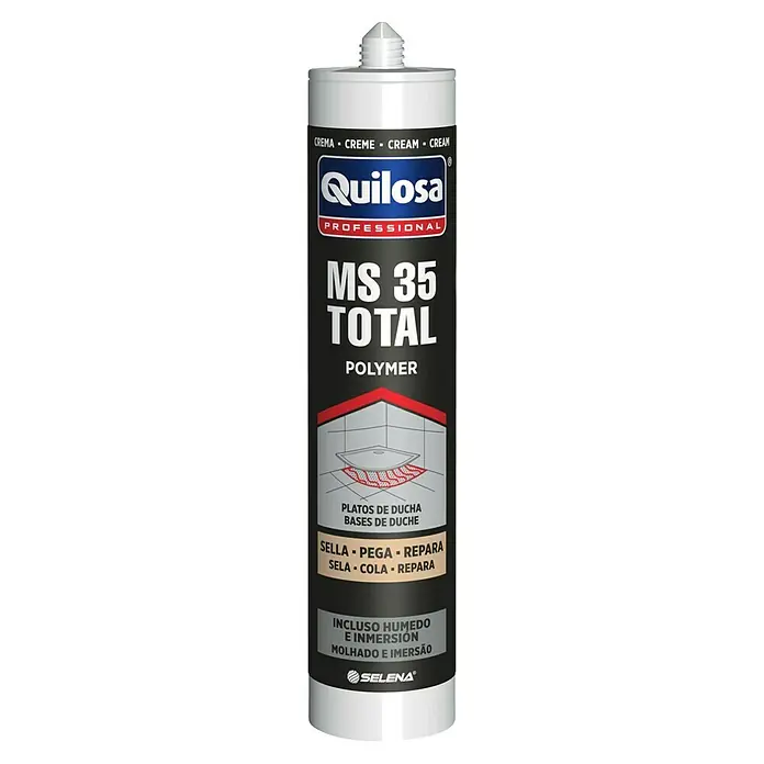 Quilosa Adhesivo y sellador MS 35 TOTAL - Crema, 300 ml - Imagen de un cartucho de Quilosa MS 35 Total Polymer, un sellador y adhesivo para platos de ducha.