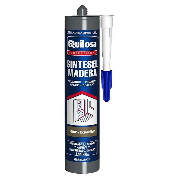 Quilosa Sellador para madera Sintesel - 300 ml, Roble Gris Oscuro - Imagen de un cartucho de sellador de madera Quilosa Sintesel Madera en gris oscuro, apto para superficies barnizadas y naturales.