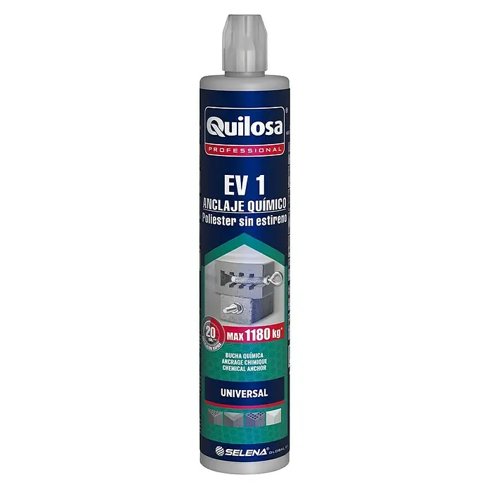 Quilosa Anclaje químico EV 1 - 300 ml - Imagen de un cartucho de anclaje químico universal sin estireno de poliéster Quilosa EV 1, ideal para fijaciones seguras y duraderas.