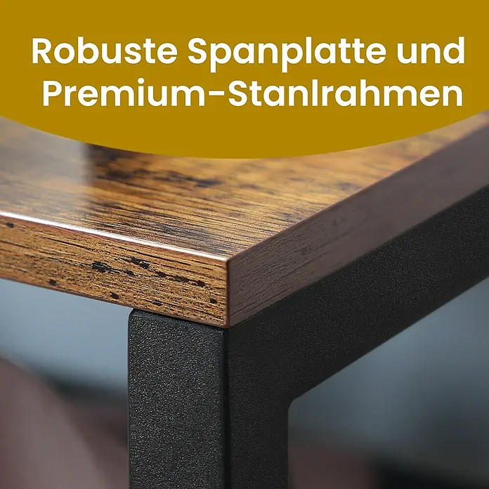 Schuhregal - L x B x H: 30 x 100 x 72 cm, Braun, Schwarz - Detailaufnahme einer robusten Spanplatte mit hochwertigem Stahlrahmen. Ideal für langlebige Möbelstücke.
