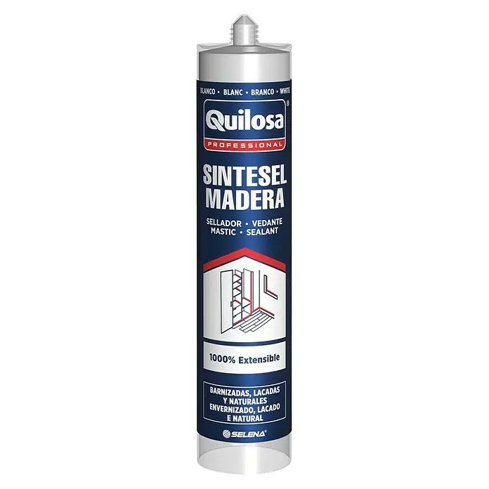 Quilosa Sellador para madera Sintesel - 300 ml, Blanco - Imagen de un cartucho de Quilosa Sintesel Madera, un sellador para madera, ideal para superficies barnizadas y naturales, con 1000% de extensibilidad.