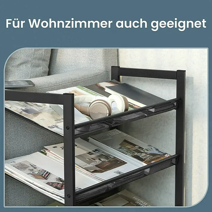 Schuhregal - L x B x H: 30,7 x 74 x 62,8 cm, Schwarz - Das schwarze Metallregal mit Zeitschriften und Kopfhörern eignet sich gut für Wohnzimmer und bietet stilvolle Aufbewahrung.