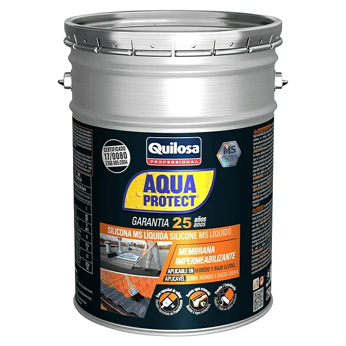 Quilosa Silicona para sanitarios líquida Aqua Protect - Gris, 5 kg - Un bote de Quilosa Aqua Protect, una membrana profesional de silicona MS líquida que ofrece hasta 25 años de protección.