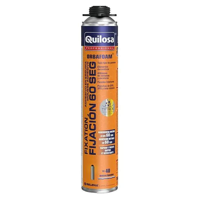 Quilosa Espuma para pistola Fijación 60 seg - 750 ml - Imagen de una lata de Quilosa Orbafoam 60SEC, un adhesivo en espuma para diversos materiales, con adhesión inicial rápida y fuerte fijación.