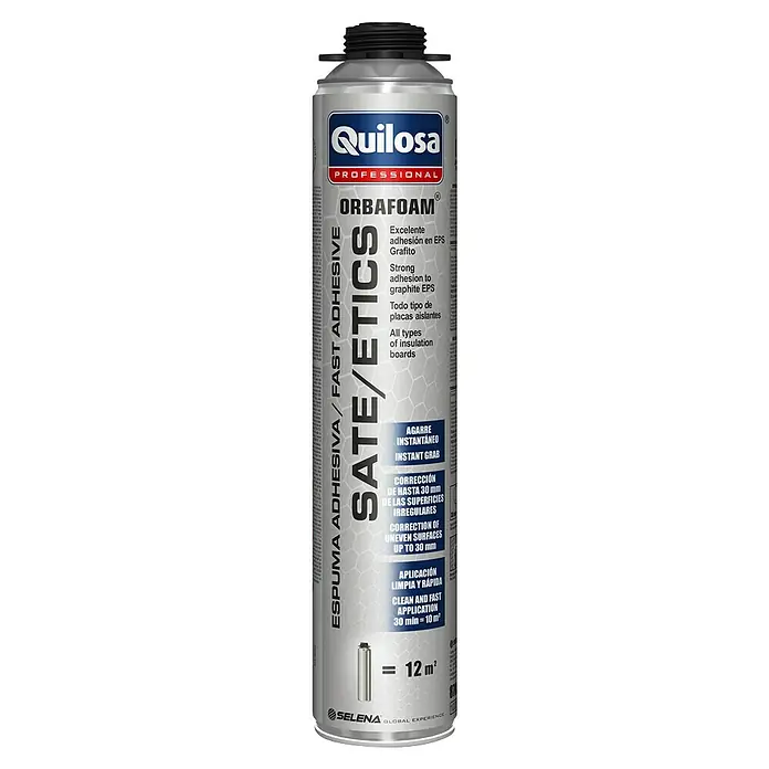 Quilosa Espuma adhesiva SATE - 750 ml - Una lata de espuma adhesiva Quilosa Orbafoam SATE/ETICS, un adhesivo rápido para uso profesional.